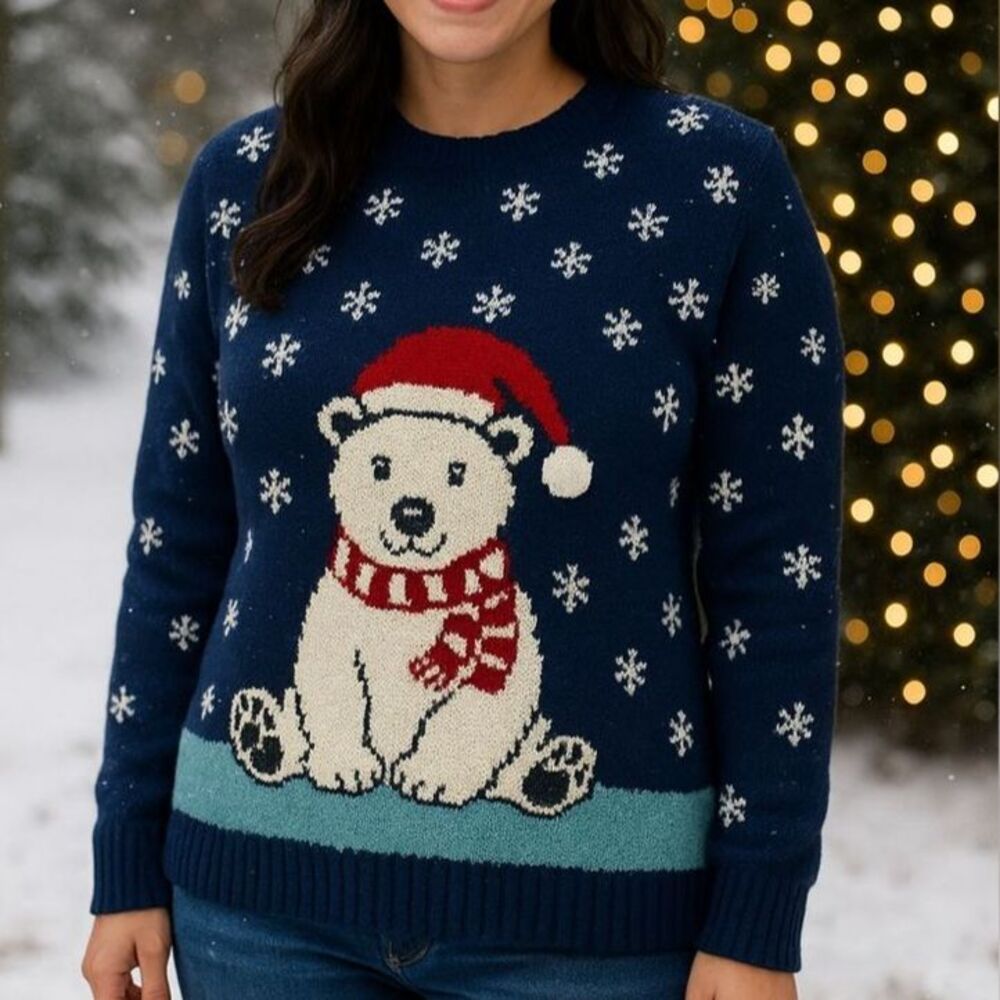 Notations Women’s 2X Polar Bear Christmas Sweater Navy Blue Metallic Knit